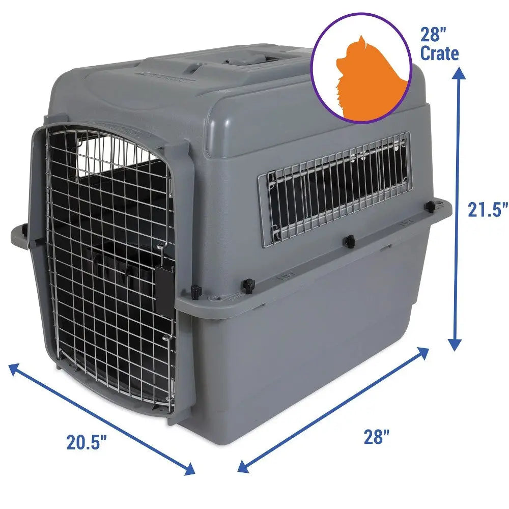 Gray pet carrier crate with metal door, measuring 28" x 20.5" x 21.5", ideal for safe pet travel.