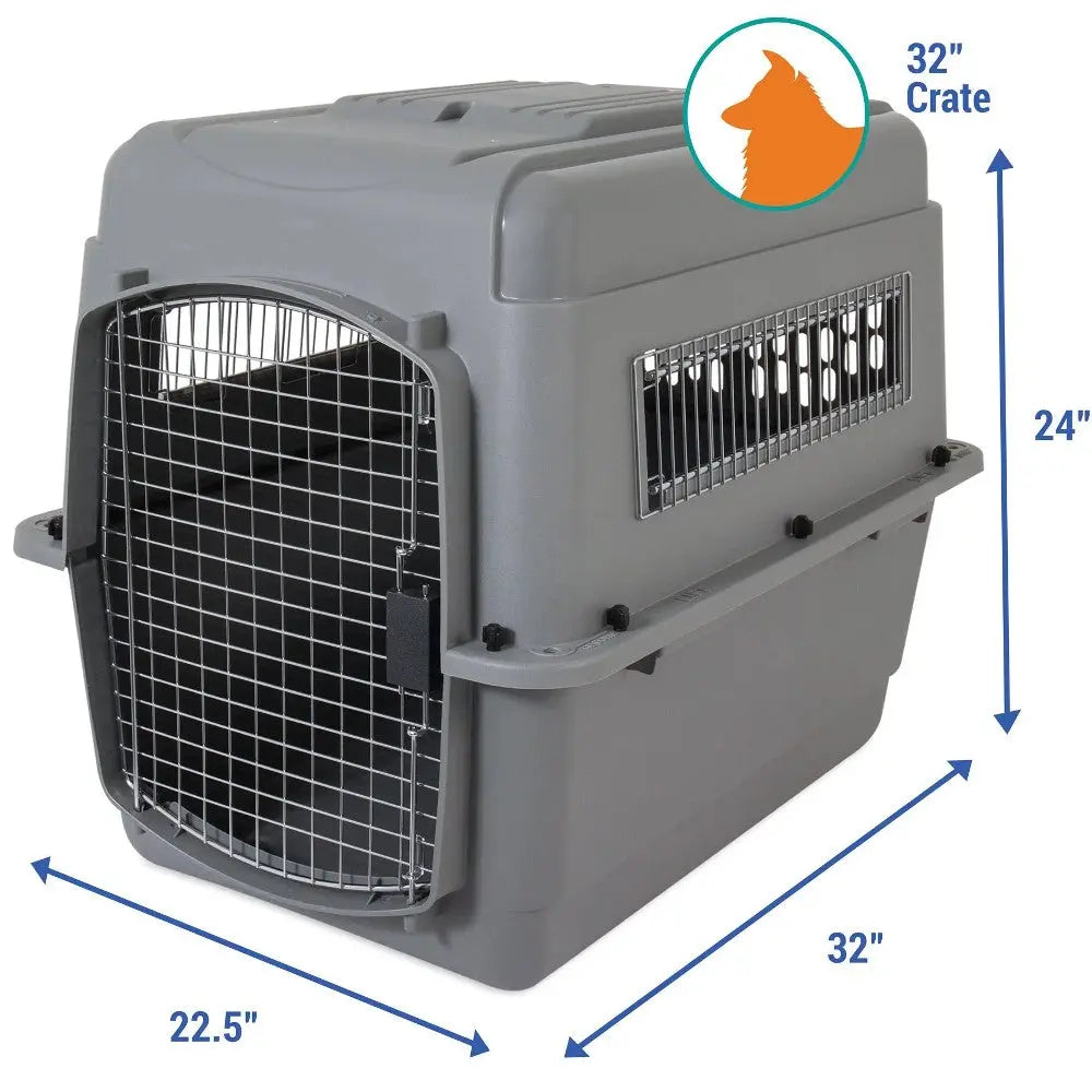 Gray dog crate with metal door, measuring 32" x 24" x 22.5", ideal for pet travel and safety.