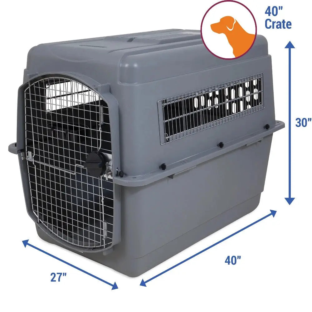 Durable dog crate with dimensions 40" x 27" x 30", featuring a secure metal door and ventilation.
