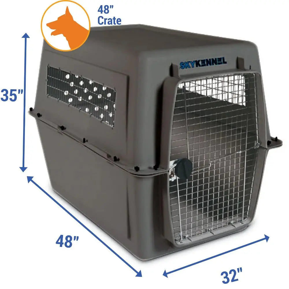 Dog crate dimensions 48"x32"x35", ideal for pet travel and safety, featuring a sturdy design and ventilation.