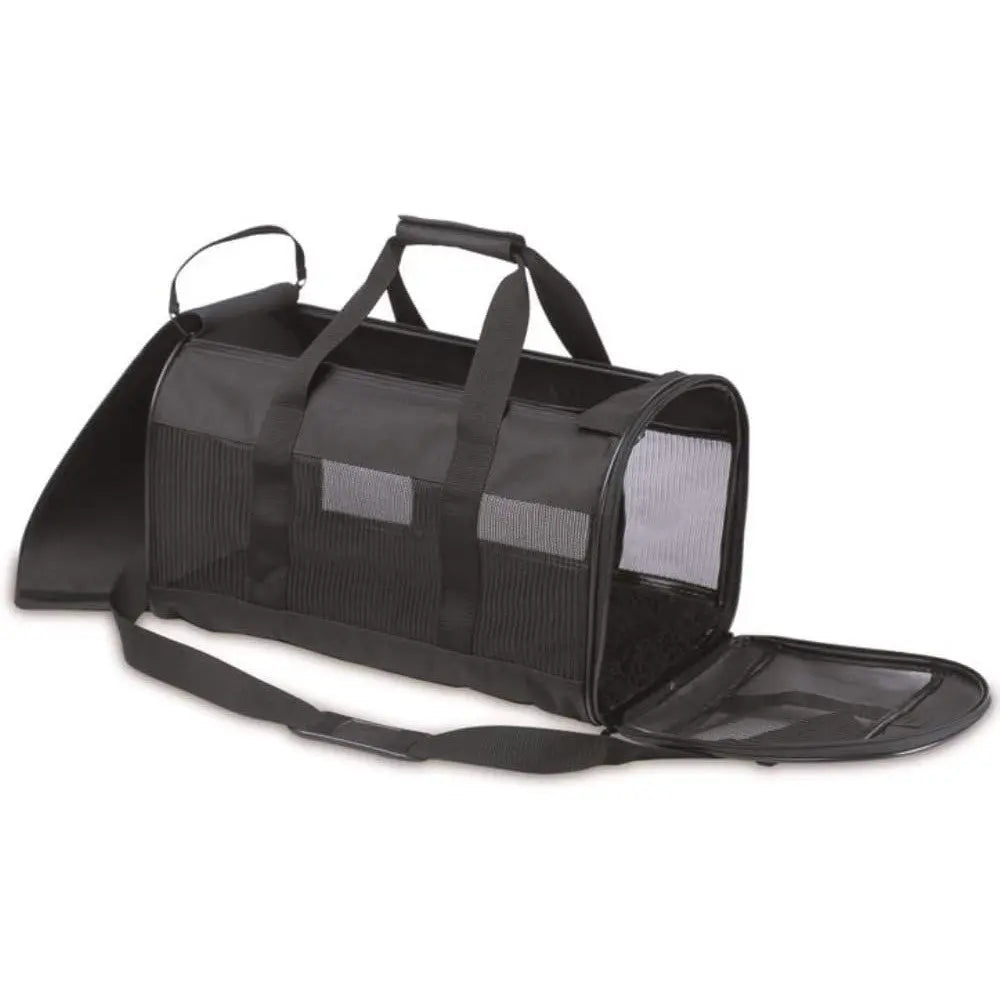 Black pet carrier bag with mesh panels and adjustable shoulder strap for easy transport.