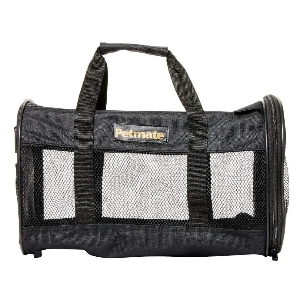 Petmate black pet carrier with mesh panels for ventilation and easy transport.