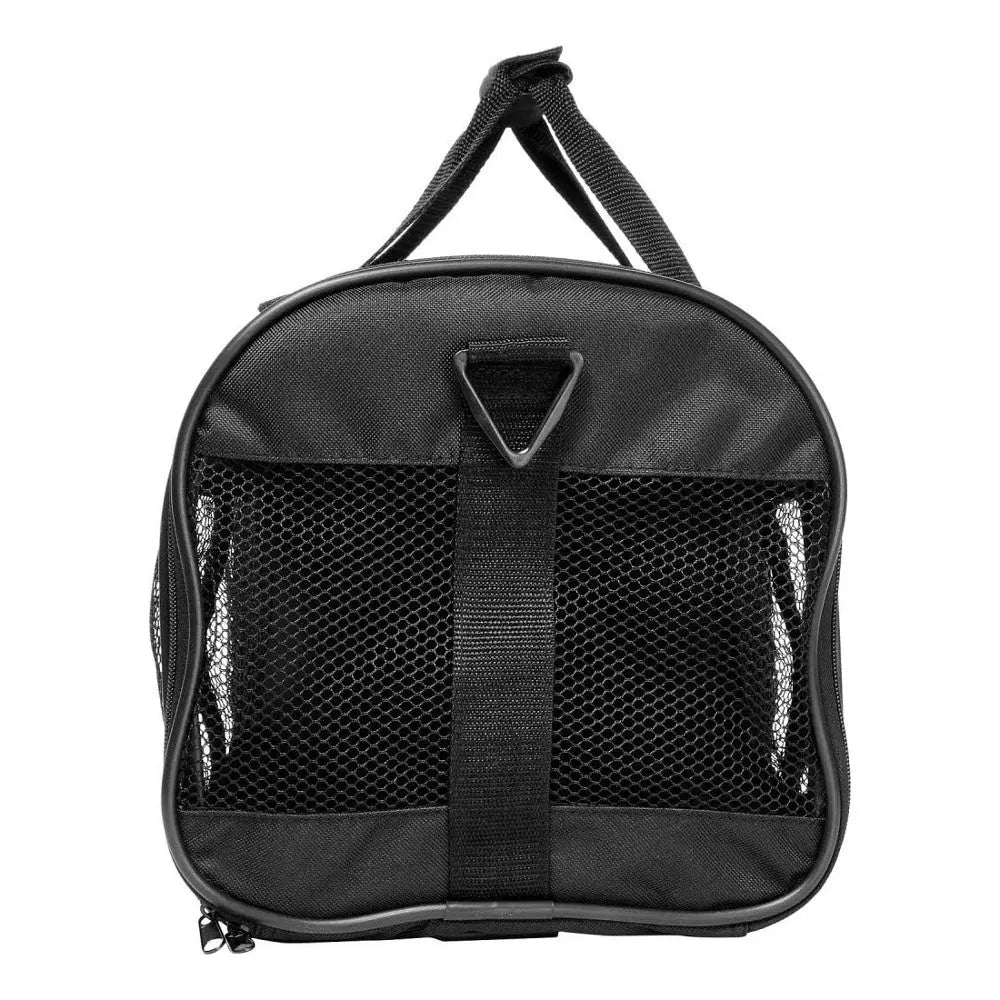 Black insulated bag with mesh panels, ideal for transporting food and beverages.