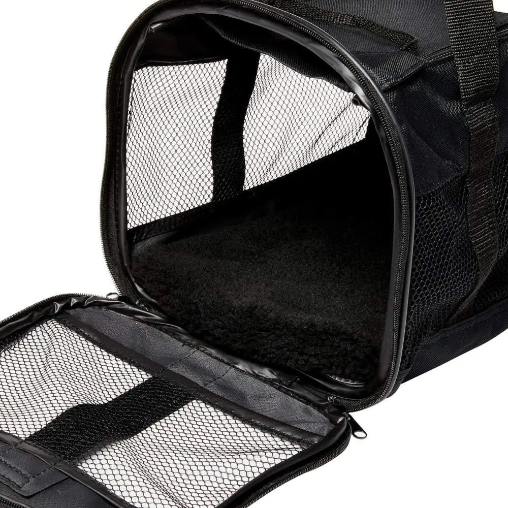 Black pet carrier with mesh openings and a soft, removable interior for comfort and ventilation.