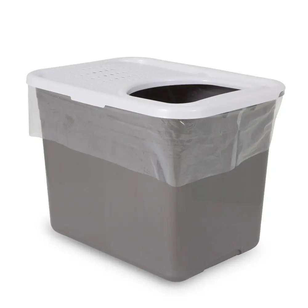 Gray trash bin with a white lid and a plastic liner for easy waste disposal.