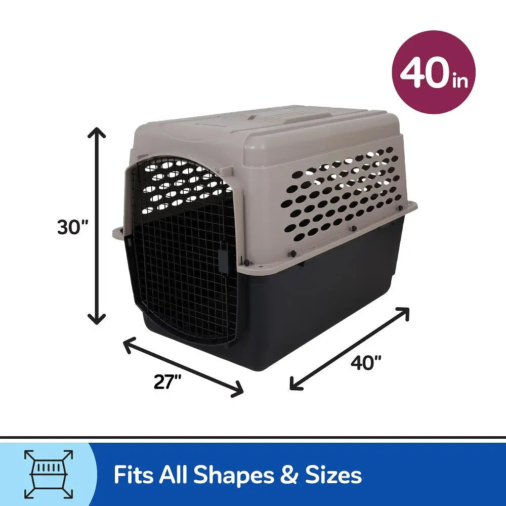 Pet carrier with dimensions, suitable for all shapes and sizes of pets, featuring a secure metal door.