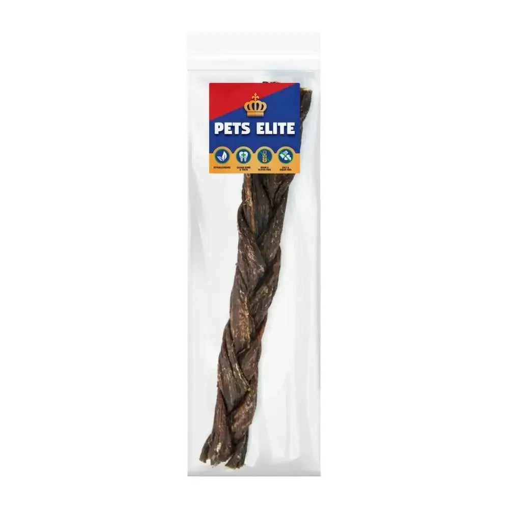 Pets Elite dog chew, natural beef jerky twist, healthy treat for dogs, packaged for freshness.