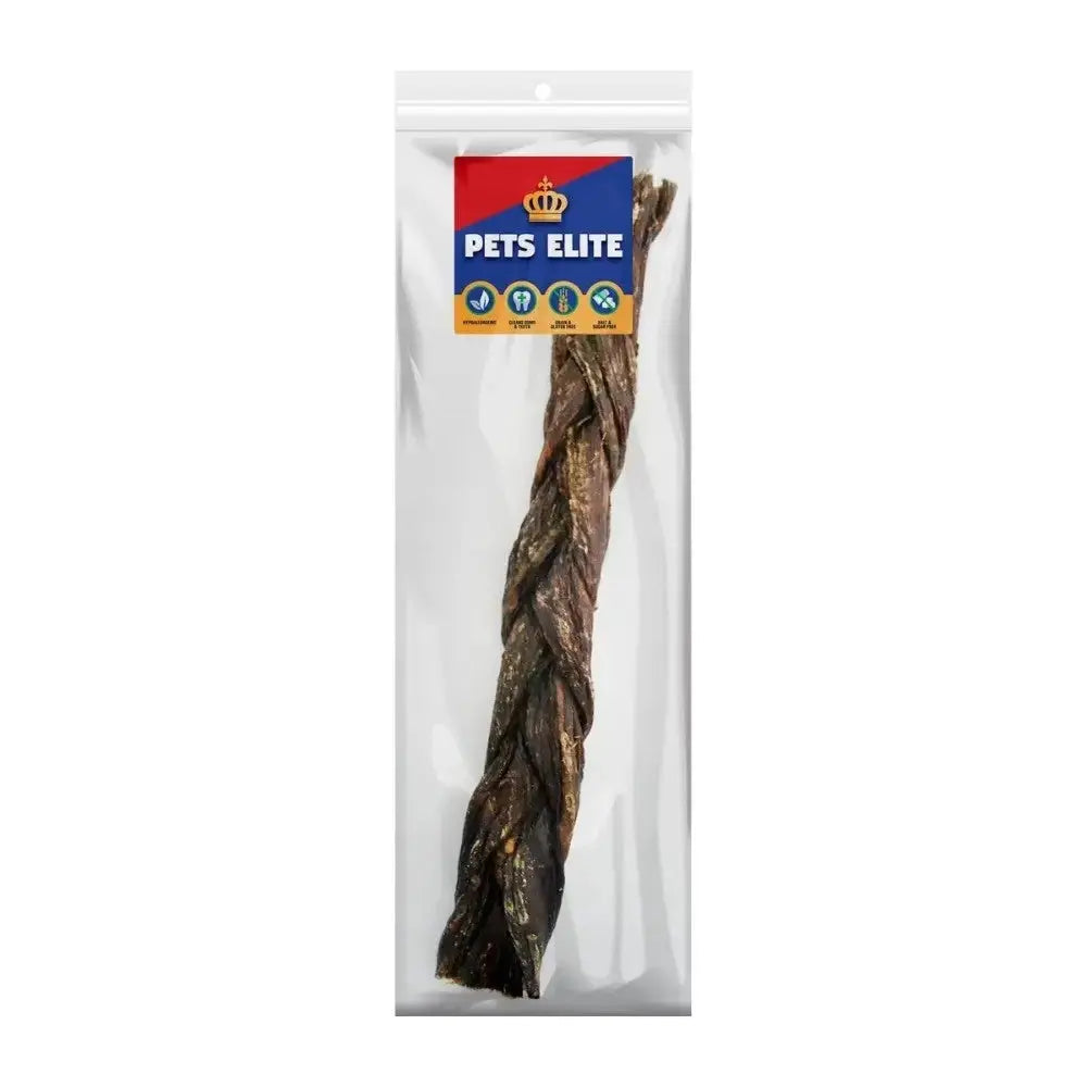 Braided dog chew treat in clear packaging, ideal for dental health and long-lasting enjoyment.