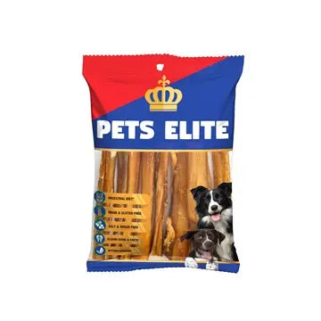 Pets Elite dog treats packaging featuring natural ingredients and a vibrant design.
