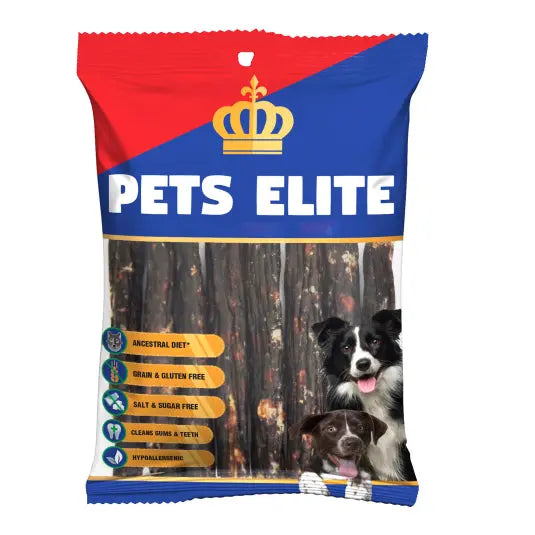 A bag of Pets Elite dog treats on a plain white background. The packaging is red and blue with a gold crown logo and the brand name 'PETS ELITE' in white.