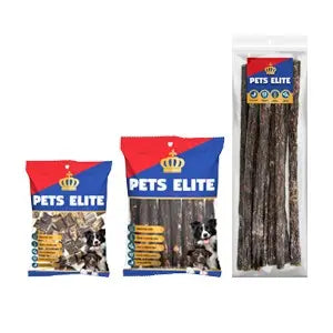 Pet Elite dog treats in various packaging sizes, featuring natural ingredients for healthy snacking.
