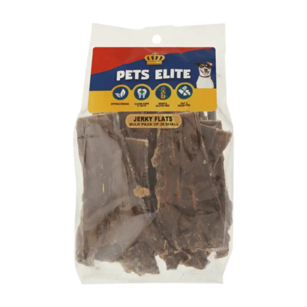 Bulk pack of Pets Elite jerky flats for dogs, featuring natural ingredients and a resealable bag.