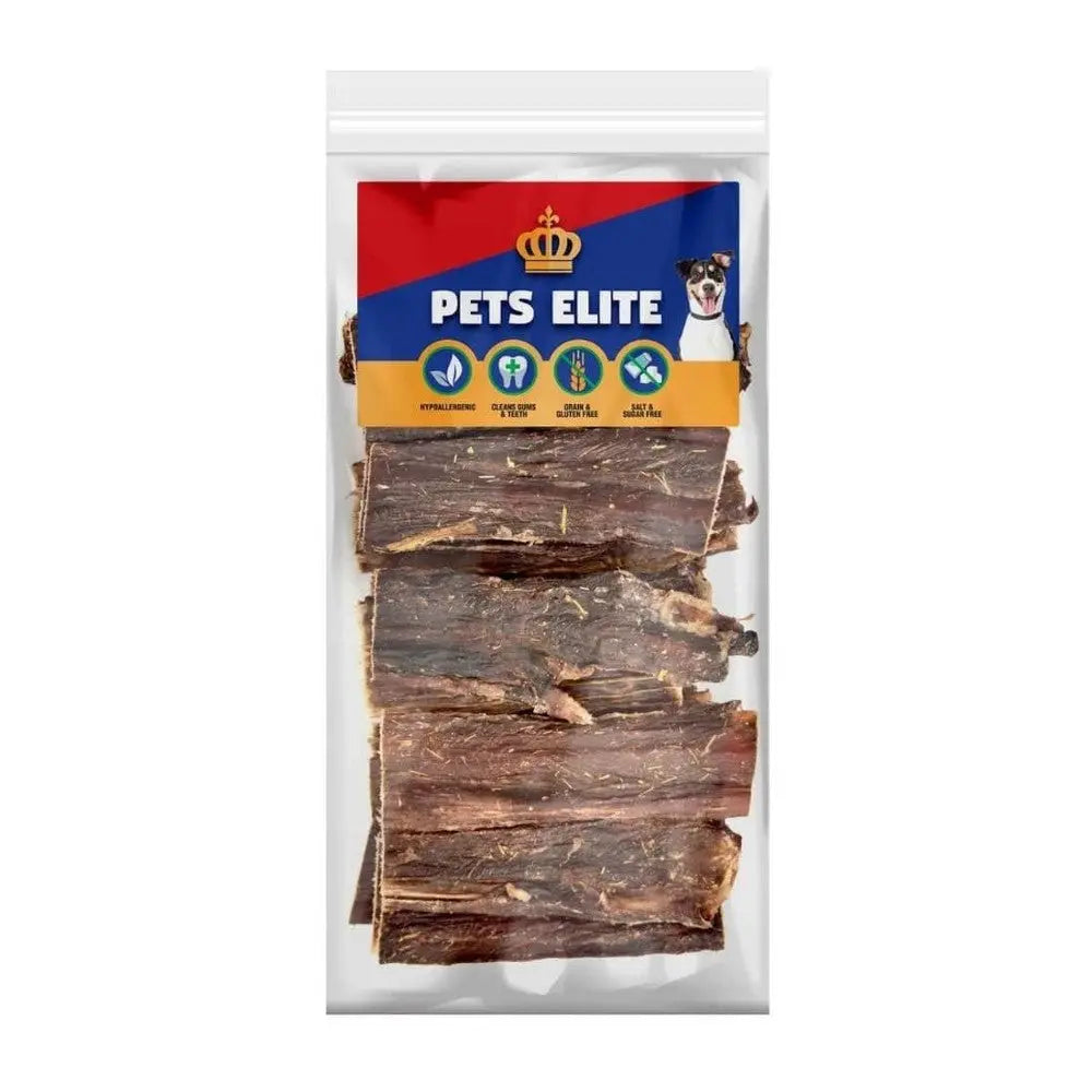 Pet Elite beef jerky treats in a clear bag, featuring a colorful label and health benefits icons.