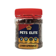 Pets Elite Liver Sprinkle in a clear jar, perfect for enhancing pet meals with nutritious flavor.