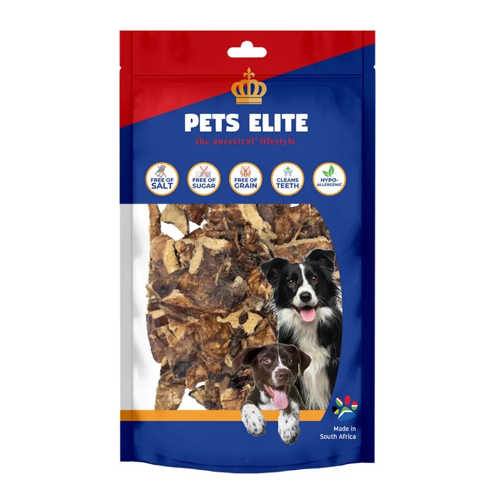 Pet Elite dog treats packaging featuring natural ingredients and health benefits for dogs.