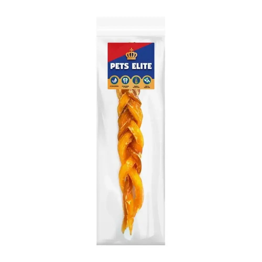 Pets Elite braided dog treat in clear packaging, showcasing quality ingredients and enticing flavor.