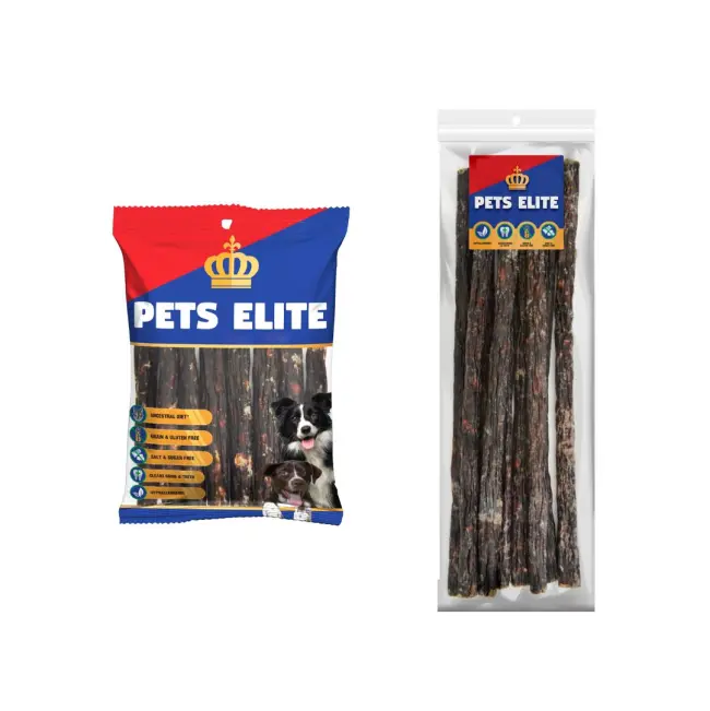 Two packages of Pets Elite dog treats on a plain white background: a bag of chew treats on the left and a clear package of long stick treats on the right, both showing the Pets Elite branding.