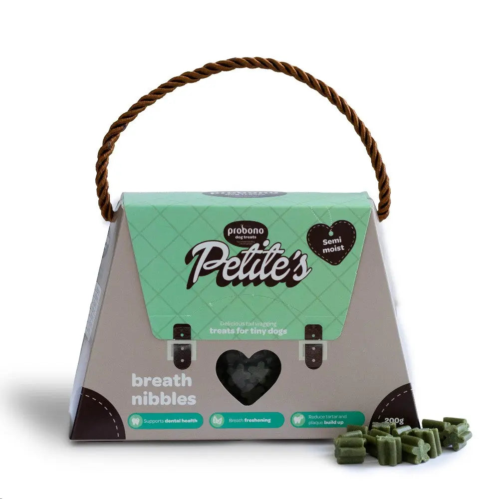 Petite's breath nibbles for tiny dogs in a stylish, semi-moist packaging promoting dental health.