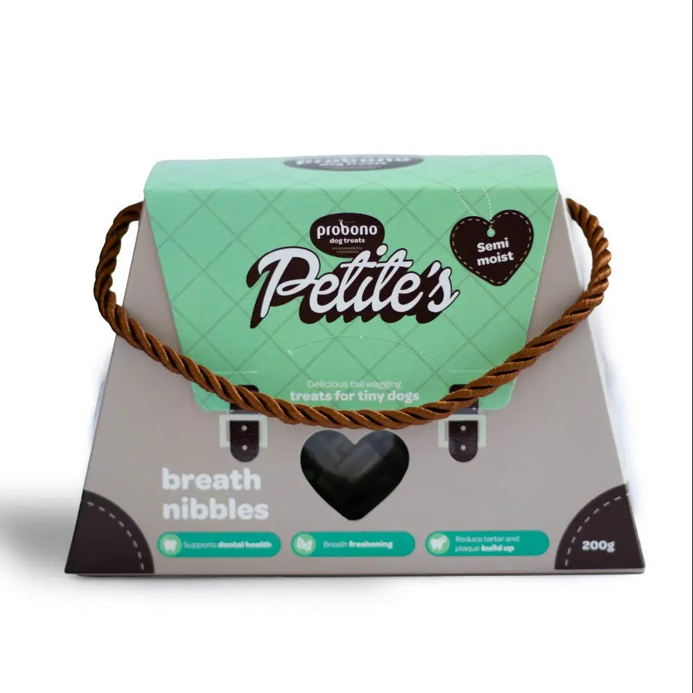 Probono Petite's breath nibbles for tiny dogs, promoting dental health and fresh breath in a semi-moist treat.