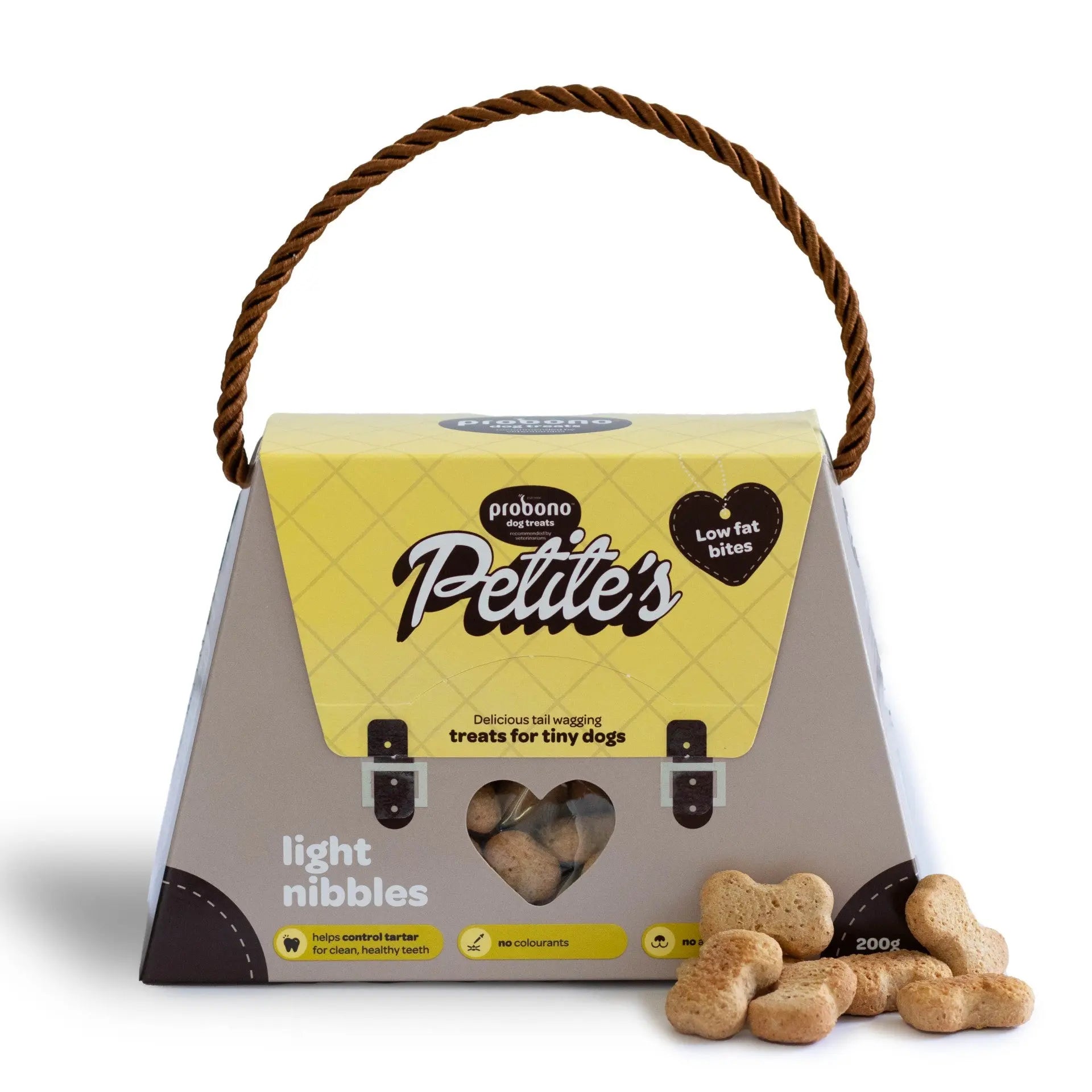 Petite's low-fat dog treats in a charming carry bag, perfect for tiny dogs and tail-wagging moments.