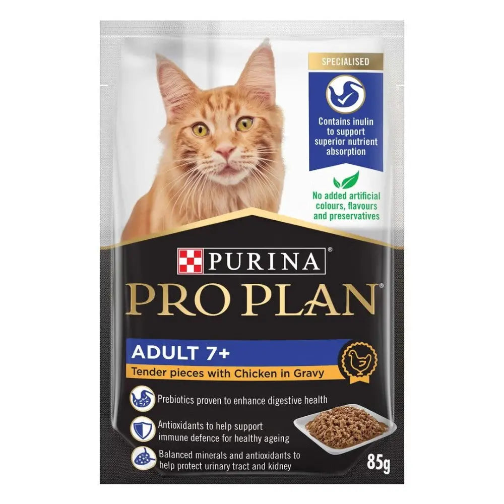 Purina Pro Plan Adult 7+ cat food pouch with chicken in gravy for healthy digestion and nutrient absorption.