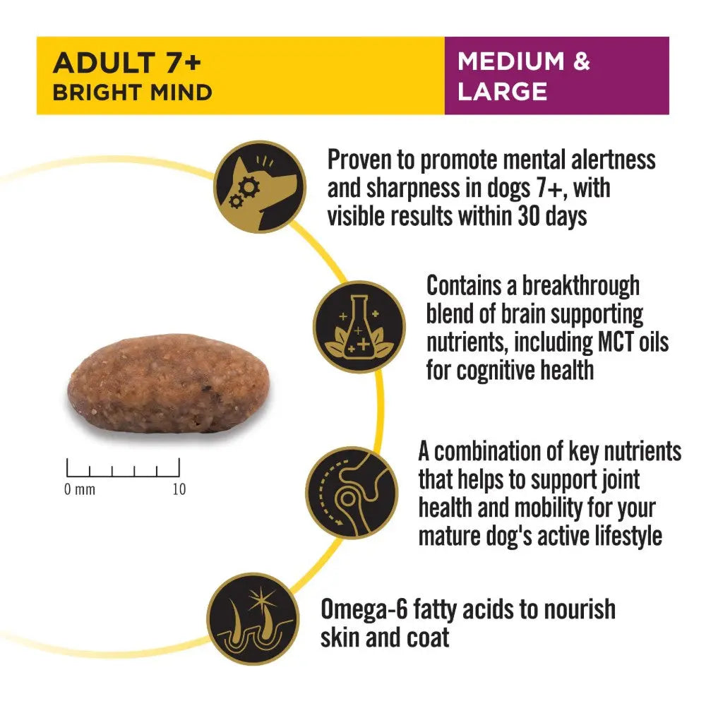 Dog food for seniors 7+, supports mental alertness, joint health, and skin nourishment with MCT oils.