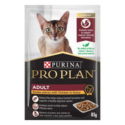Purina Pro Plan adult cat food pouch with chicken in gravy, promoting healthy digestion and lean body maintenance.