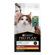 Purina Pro Plan LiveClear cat food bag featuring chicken formula for adult cats with allergen-reducing benefits.
