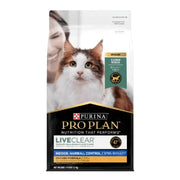 Purina Pro Plan LiveClear cat food bag for indoor hairball control with chicken formula.