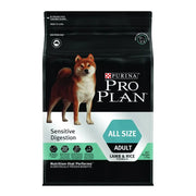 Purina Pro Plan Sensitive Digestion dog food bag with lamb and rice formula for adult dogs.