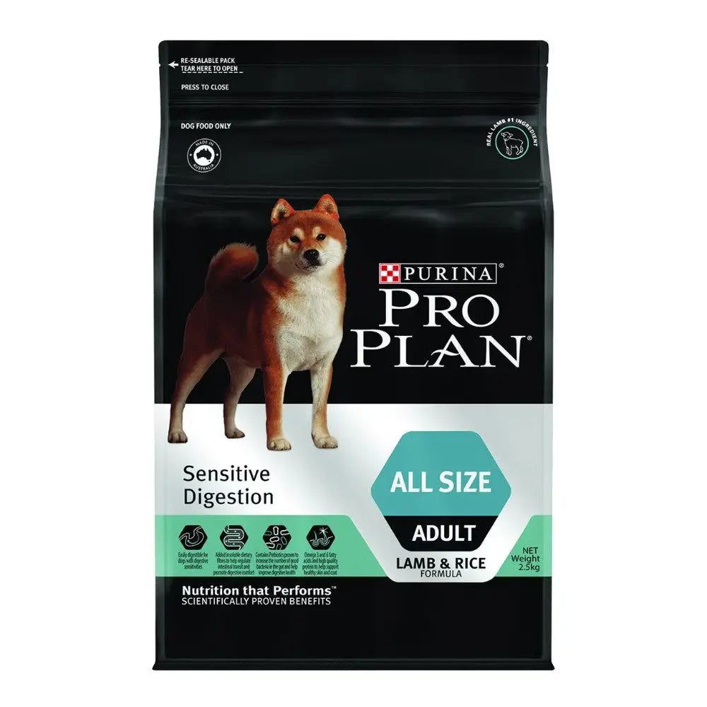 Purina Pro Plan Sensitive Digestion dog food bag with lamb and rice formula for adult dogs.