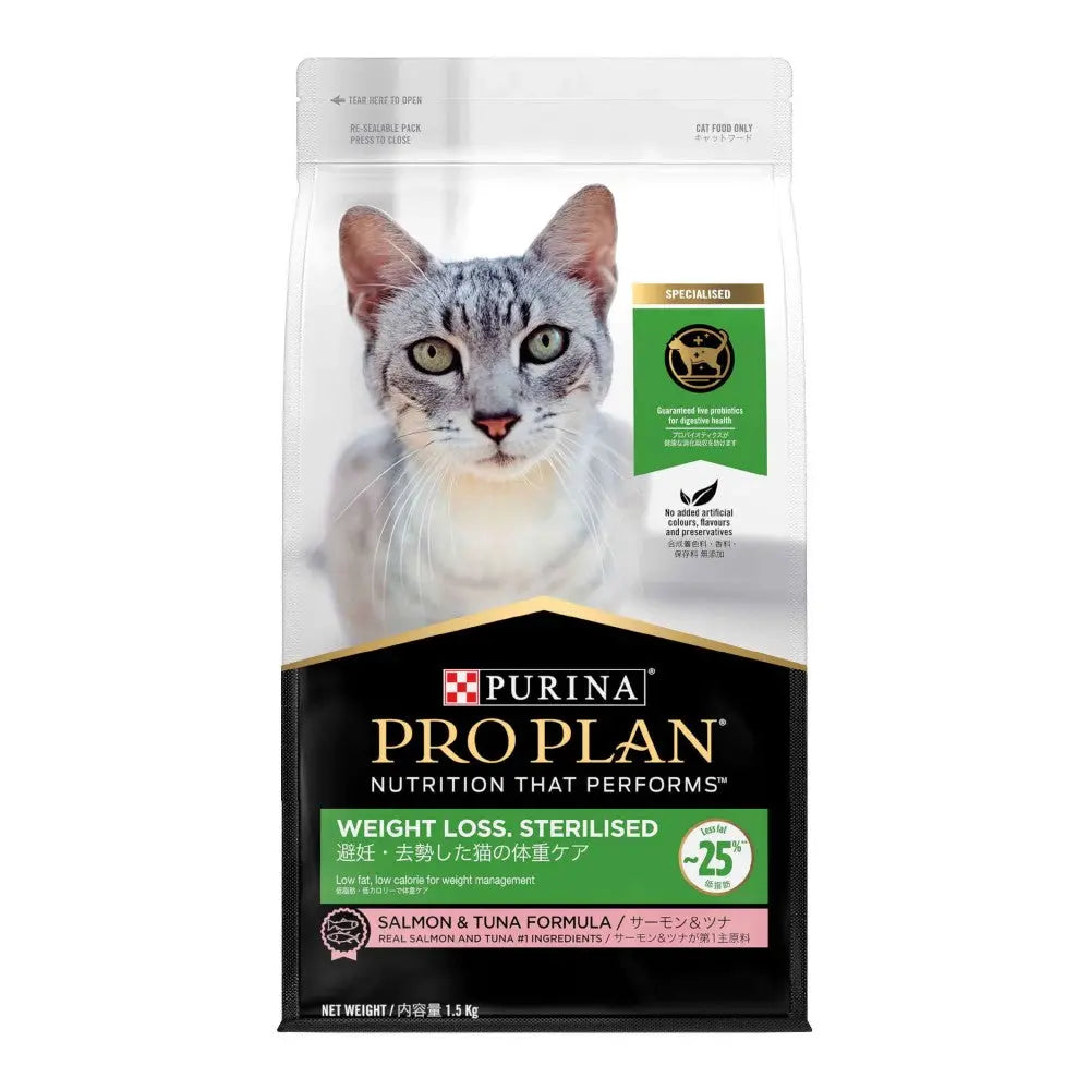 Purina Pro Plan weight loss cat food bag featuring salmon and tuna formula for sterilized cats.