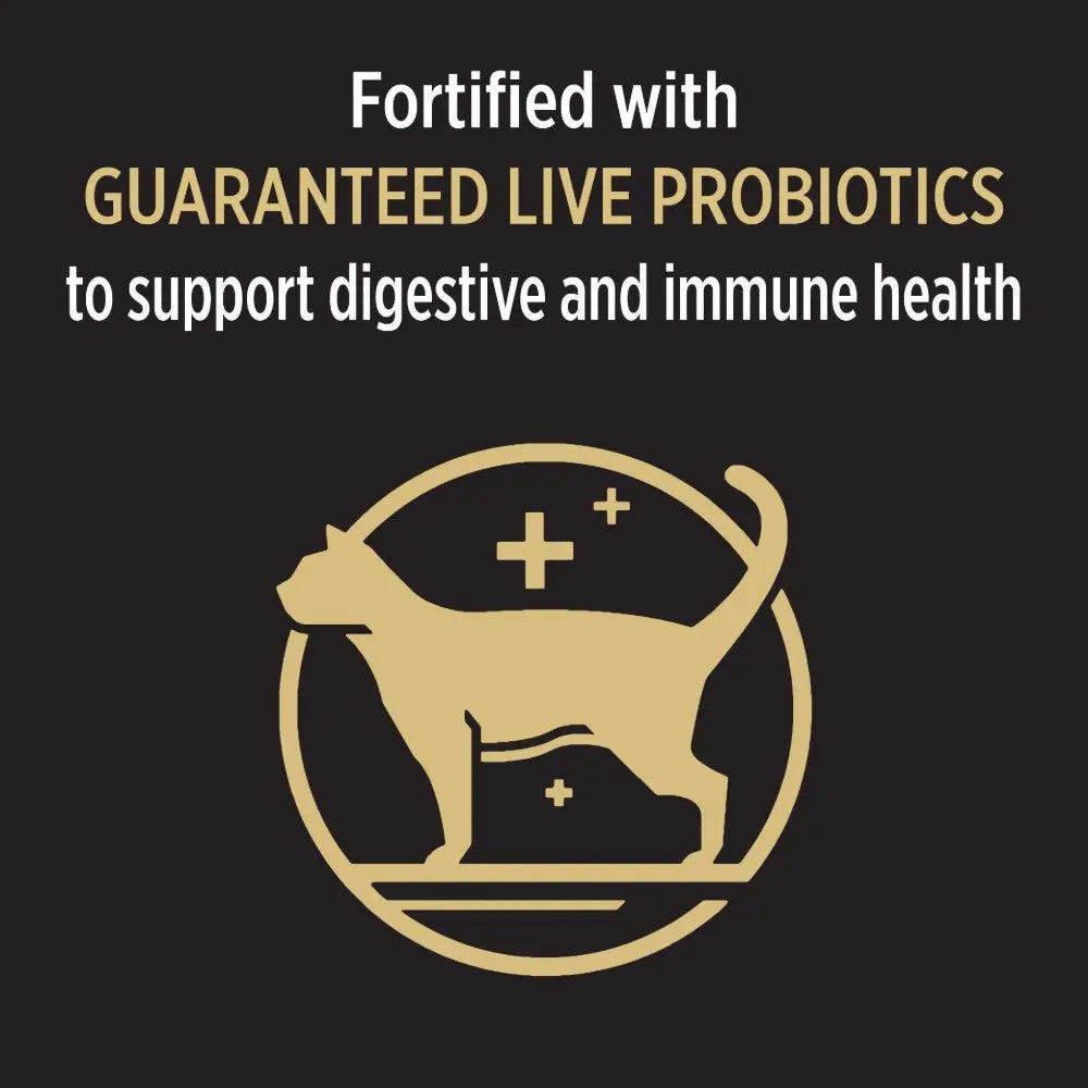 Cat icon with text highlighting guaranteed live probiotics for digestive and immune health support.