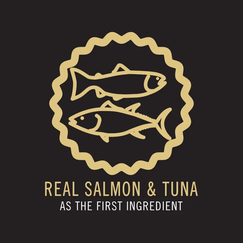 Icon featuring real salmon and tuna as the first ingredient in pet food.
