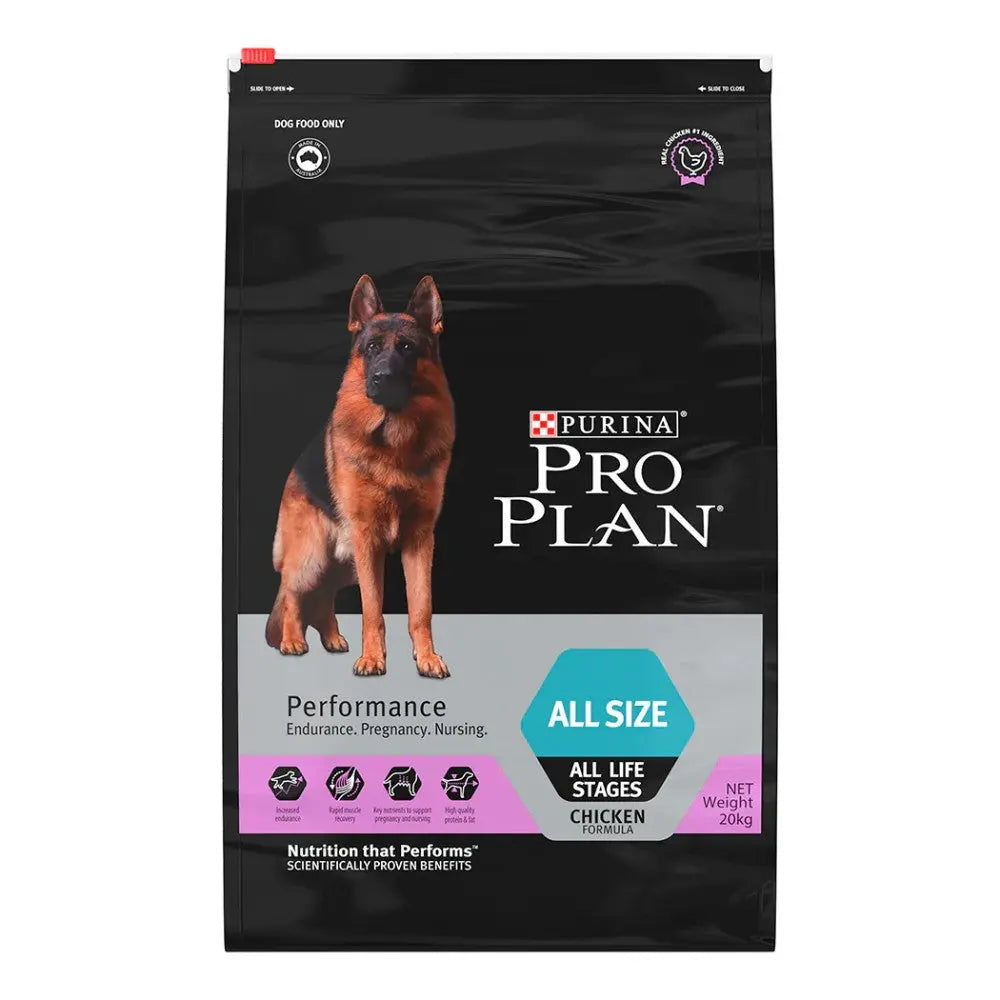 Purina Pro Plan Performance dog food bag for all life stages with chicken, 20kg packaging.