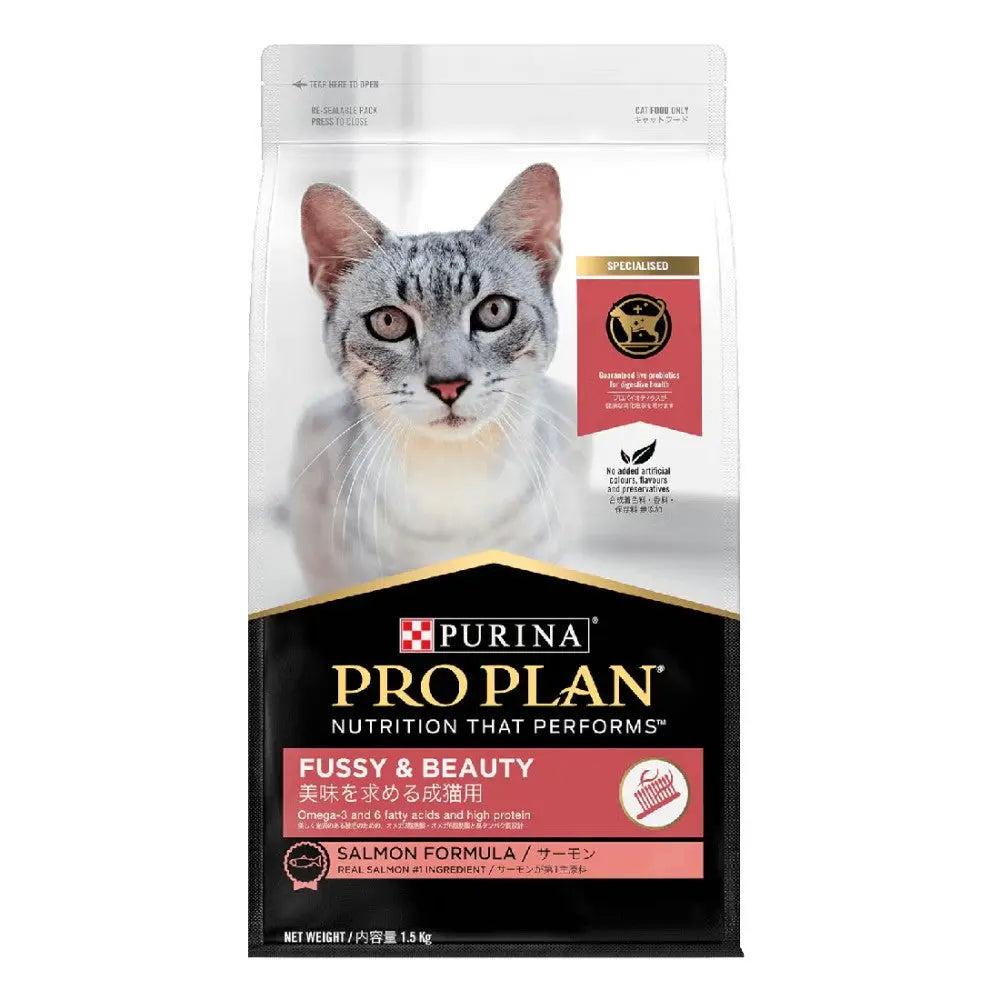 Purina Pro Plan Fussy & Beauty cat food bag featuring salmon formula for picky eaters.