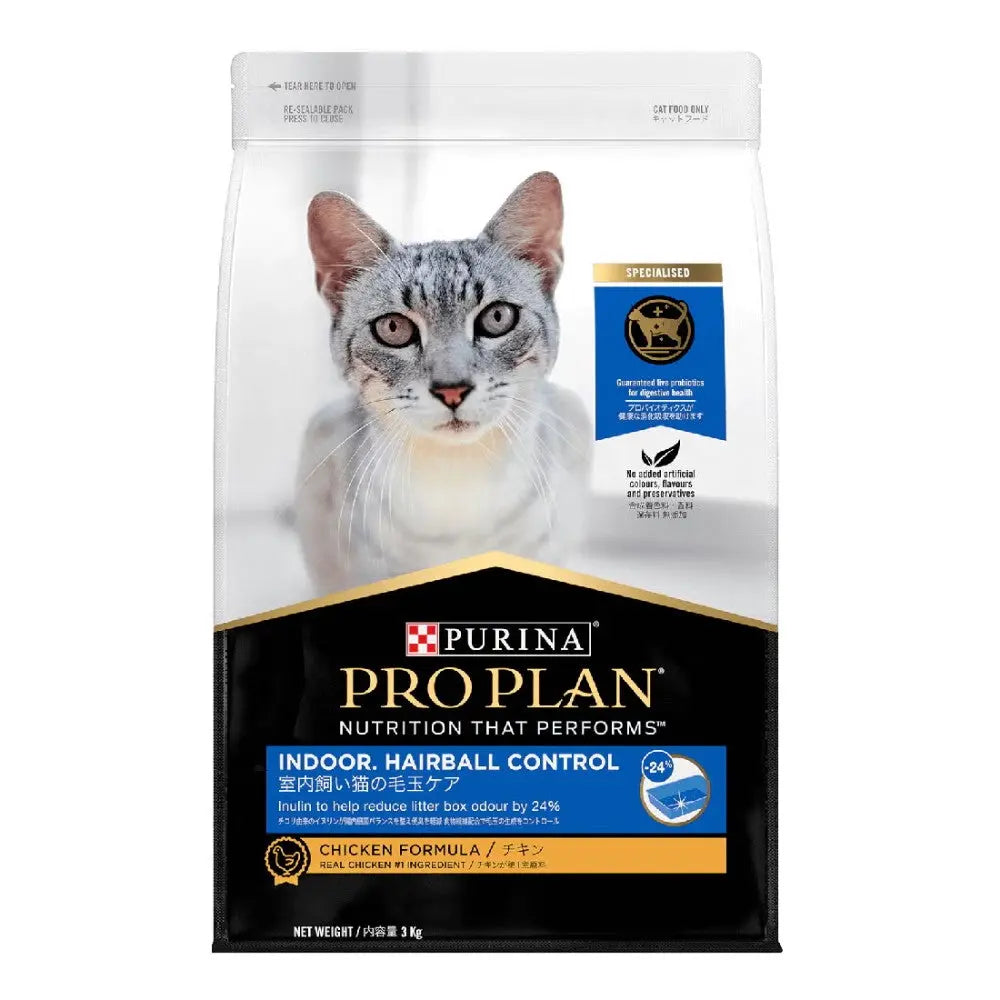 Purina Pro Plan Indoor Hairball Control cat food bag with chicken formula for optimal nutrition.
