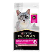 Purina Pro Plan Sensitive Skin & Stomach cat food bag featuring salmon and tuna formula for optimal nutrition.