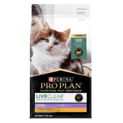 Purina Pro Plan LiveClear kitten food bag featuring chicken formula and allergen-reducing benefits.