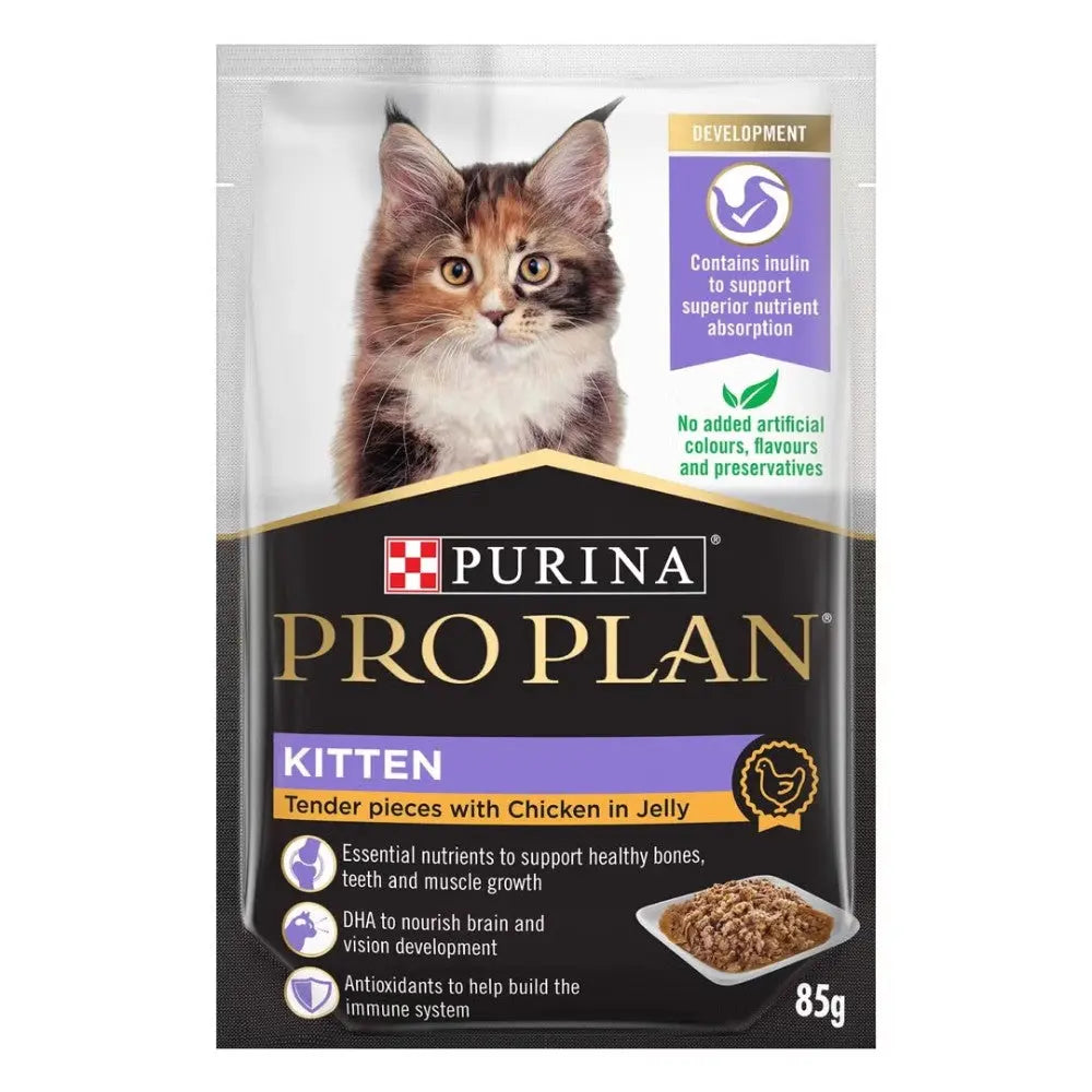 Purina Pro Plan Kitten food pouch with chicken in jelly for healthy growth and immune support.