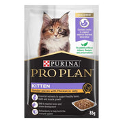 Purina Pro Plan Kitten food pouch with chicken in jelly for healthy growth and immune support.