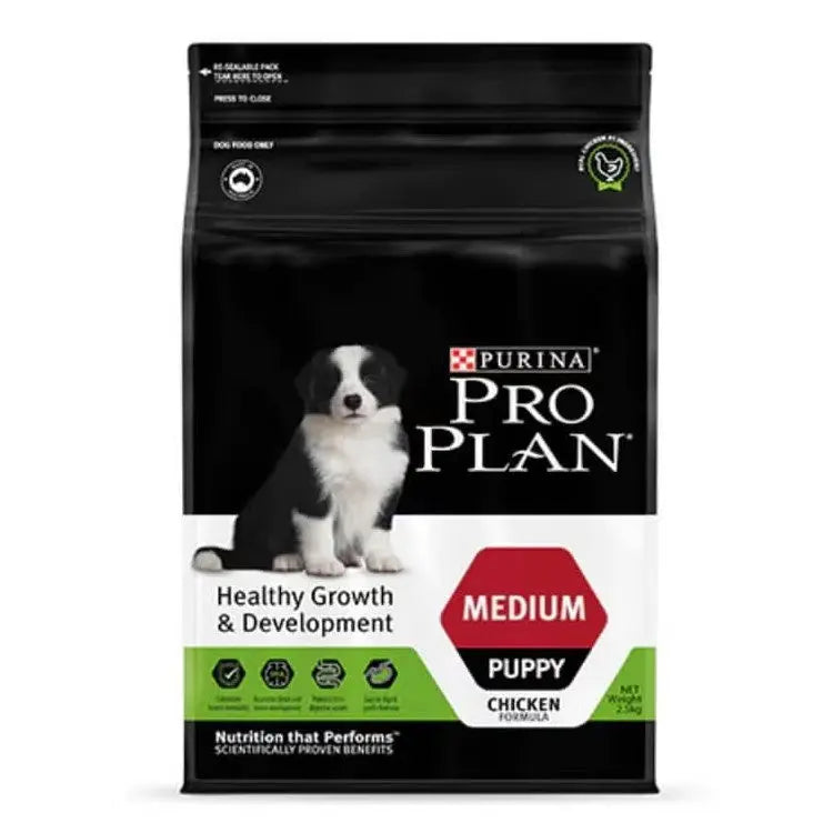 Purina Pro Plan Medium Puppy Chicken formula for healthy growth and development in young dogs.