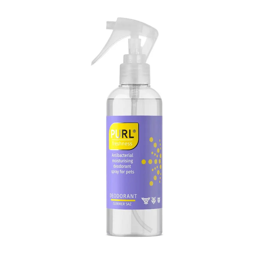 Antibacterial deodorant spray for pets, promoting freshness and hydration in a convenient bottle.