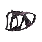 Adjustable dog harness in black and purple, designed for comfort and control during walks.
