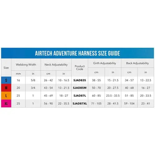 Airtech Adventure Harness size guide with webbing, neck, and girth adjustability details.