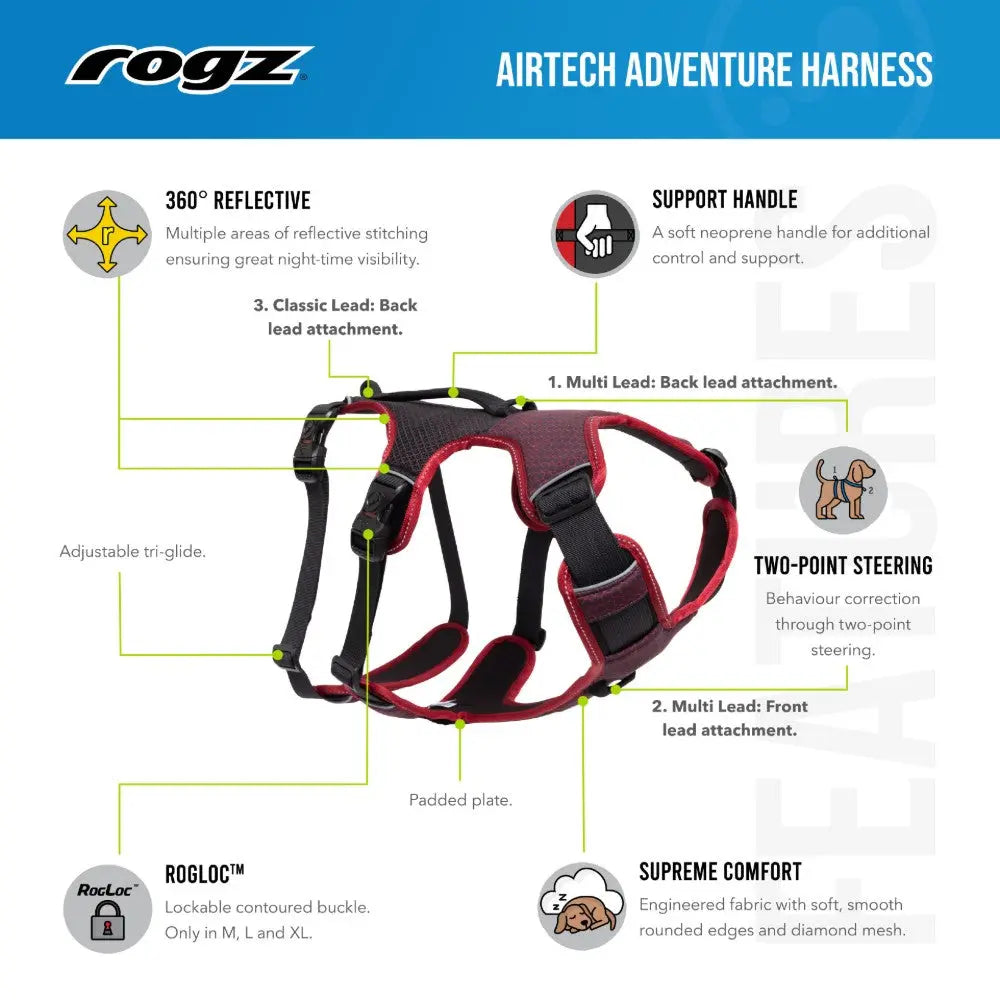 Rogz Airtech Adventure Harness features reflective design, support handle, and adjustable tri-glide for optimal comfort.