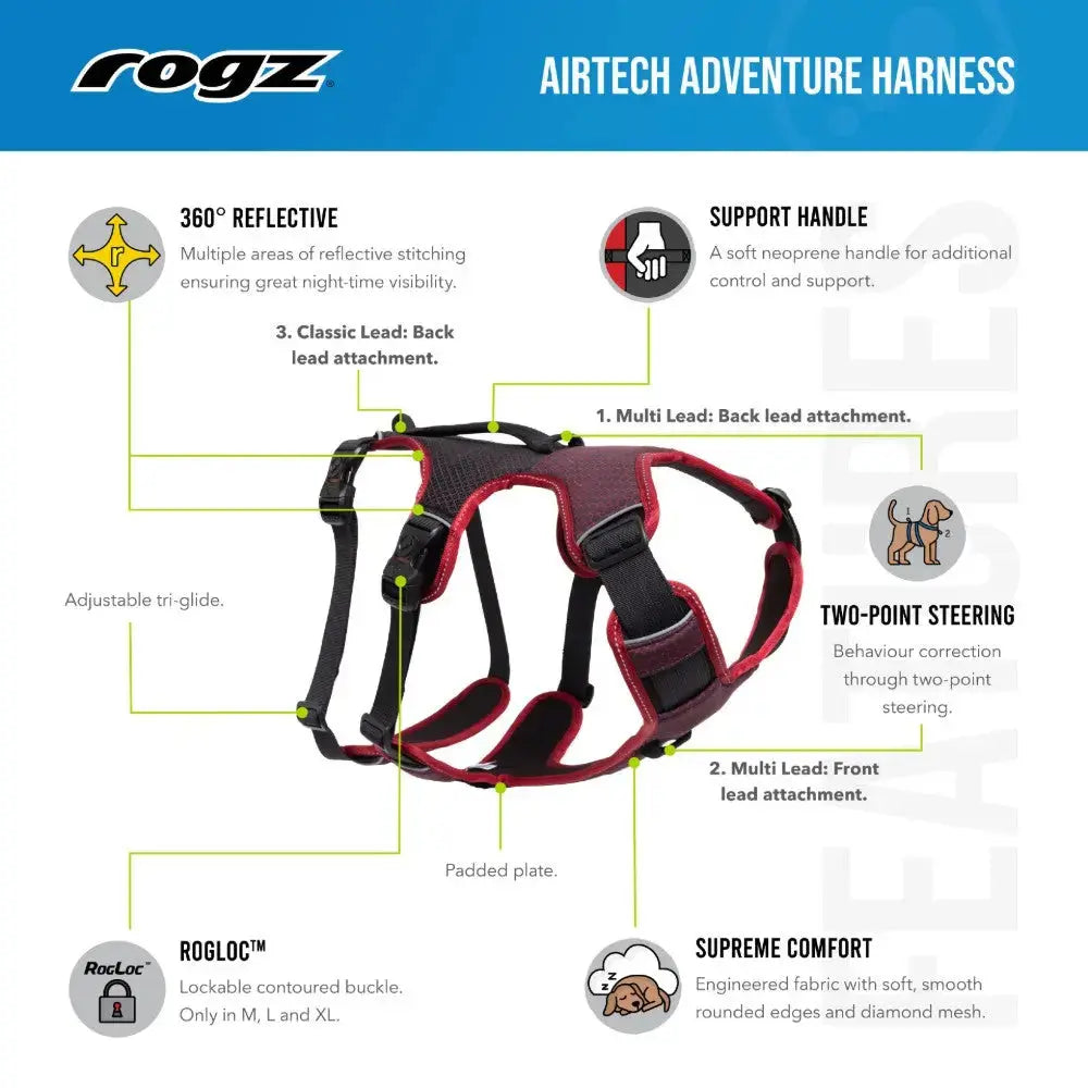 Rogz Airtech Adventure Harness features reflective design, support handle, and adjustable tri-glide for optimal comfort.