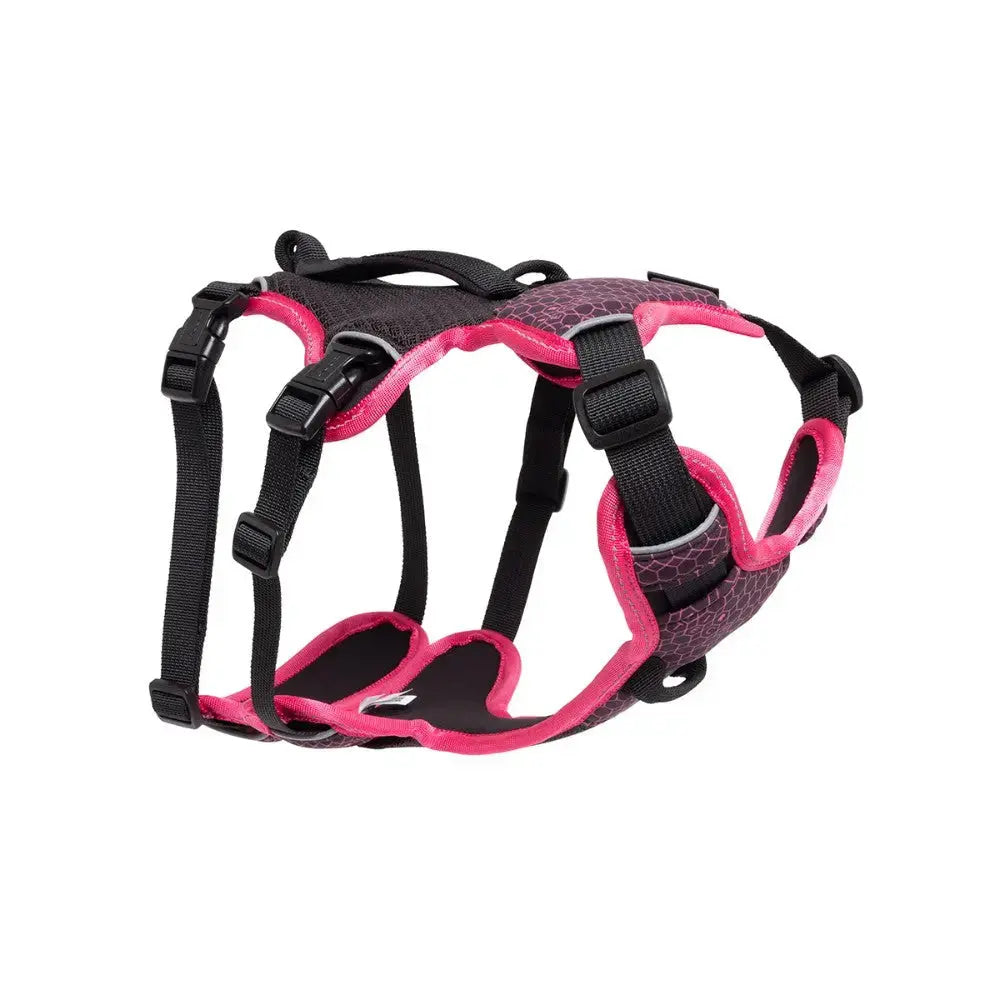 Adjustable pink pet harness with breathable mesh for comfort and safety during walks.