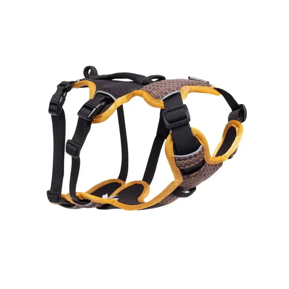 Dog harness with adjustable straps and padded design for comfort and control during walks.