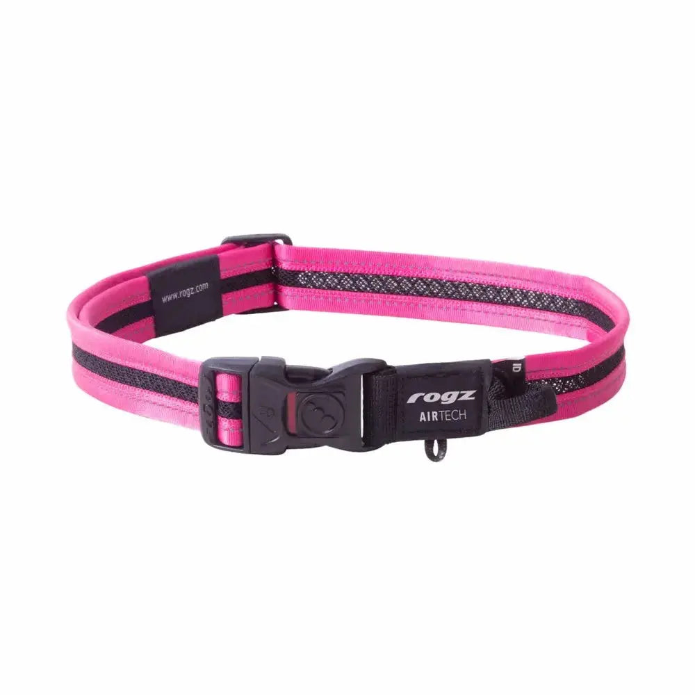 Rogz Airtech dog collar in pink with adjustable buckle and reflective design for safety.